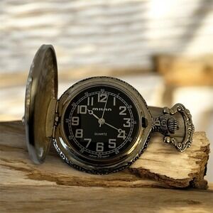 Milan Quartz Pocket Watch Hunting Dogs Design Black Dial Japan Movt 2.5″